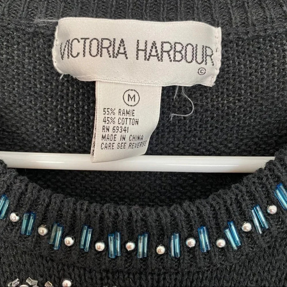 Vintage 80s Grannycore Embellished Pullover Sweater Black Beaded Womens Medium - Picture 7 of 10